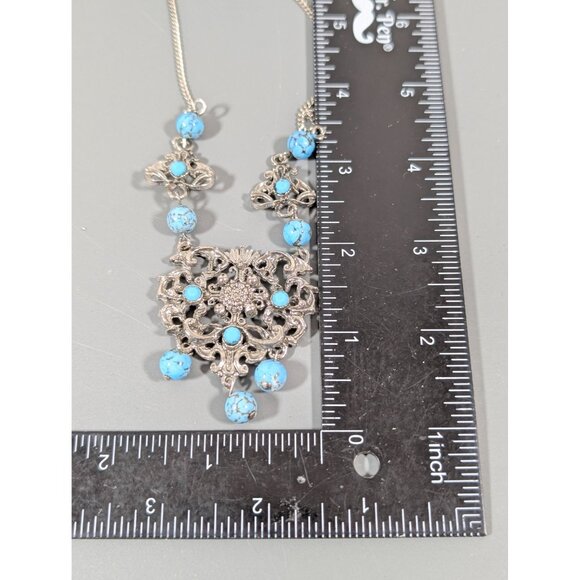 Vintage Turquoise Blue Peking Glass Bead Etruscan Statement Necklace Silver Tone - Picture 8 of 8